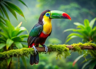 Obraz premium Vibrant Emerald Toucan Bird in Lush Rainforest, Copy Space