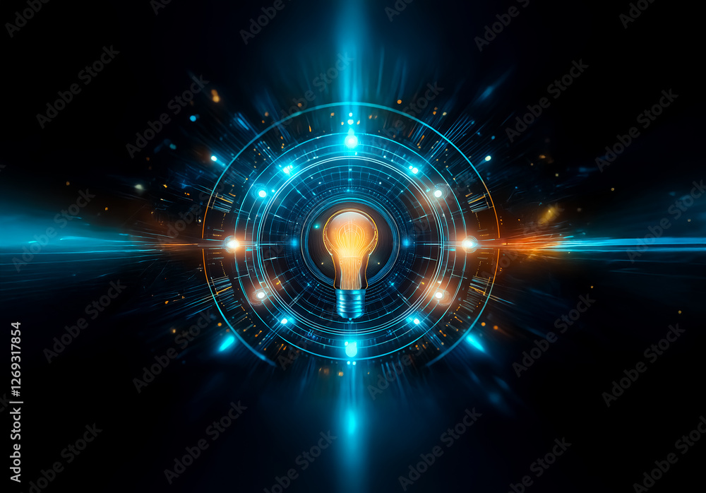 Poster A glowing lightbulb is centered within a circular technological design on a dark backdrop. Blue and orange light rays emanate outward, creating a futuristic, energetic, and bright abstract effect.