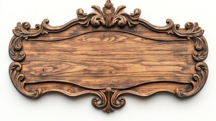 Ornate wooden signboard, blank space, white background,  for announcements