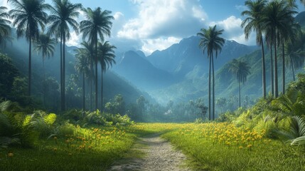 Obraz premium A Serene Cocora Valley landscape misty mountains lush greenery