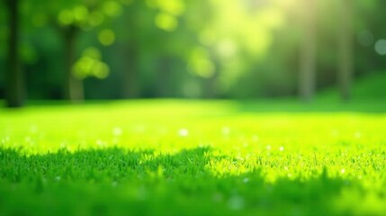 Fototapeta premium Vibrant Green Meadow with Sunlit Grass Blades and Defocused Trees in the Background