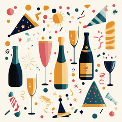 A celebratory 2D vector of New Year’s Eve decorations like champagne, confetti, and party hats.