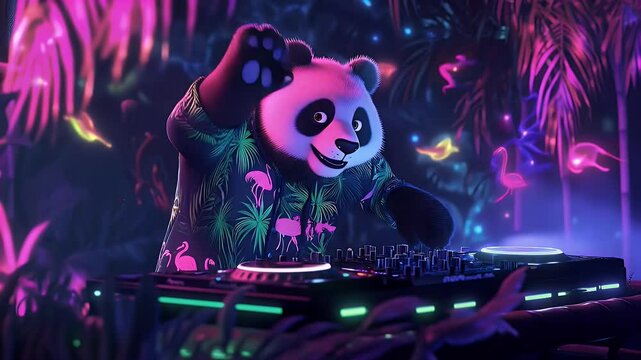A DJ panda spins beats in a neon tropical jungle, surrounded by glowing birds and pink flamingos. The vibrant lights and energetic vibes create a futuristic party atmosphere.