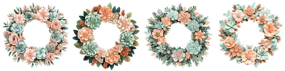 Collection of elegant floral wreaths made with assorted blooms such as peonies roses and succulents along with lush greenery like eucalyptus leaves  These beautiful natural can be used for weddings