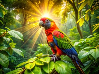 Obraz premium Vibrant Floreal Parrot in Lush Rainforest Canopy - Aerial View