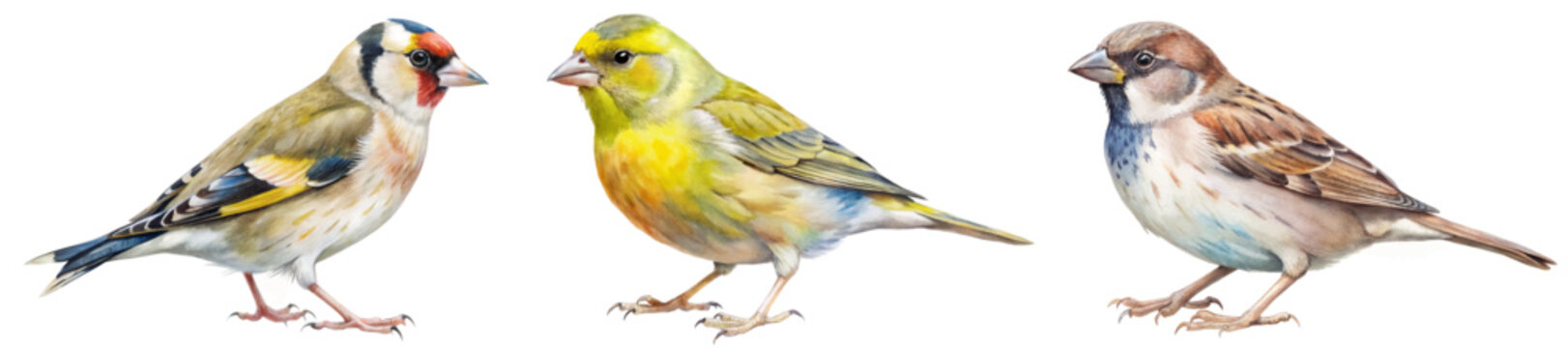 Colorful songbirds illustration, realistic bird portraits, nature art, wildlife depiction, vibrant colors, detailed feathers.