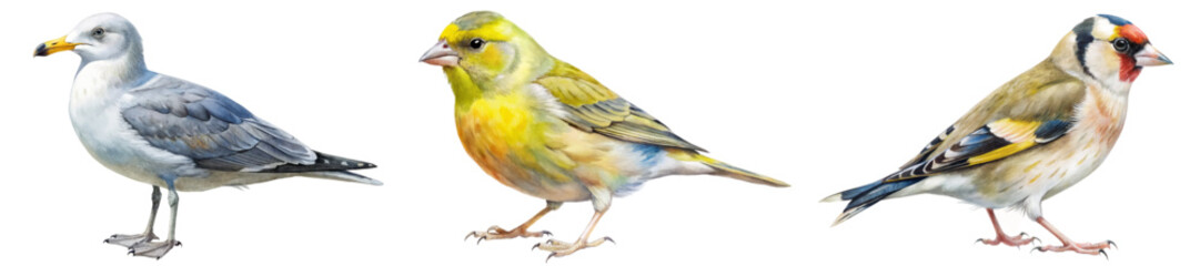 Detailed bird illustrations, colorful feather patterns, realistic style, nature-focused artwork, educational purpose.
