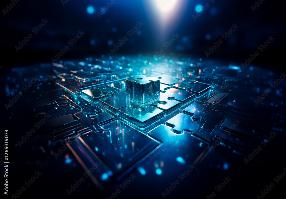 Poster futuristic circuit board with glowing blue light emanating from a central cube, set against a dark b