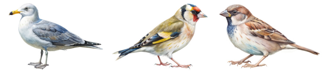 Detailed bird illustrations, colorful feathers, realistic style, nature art, educational purpose, wildlife representation.