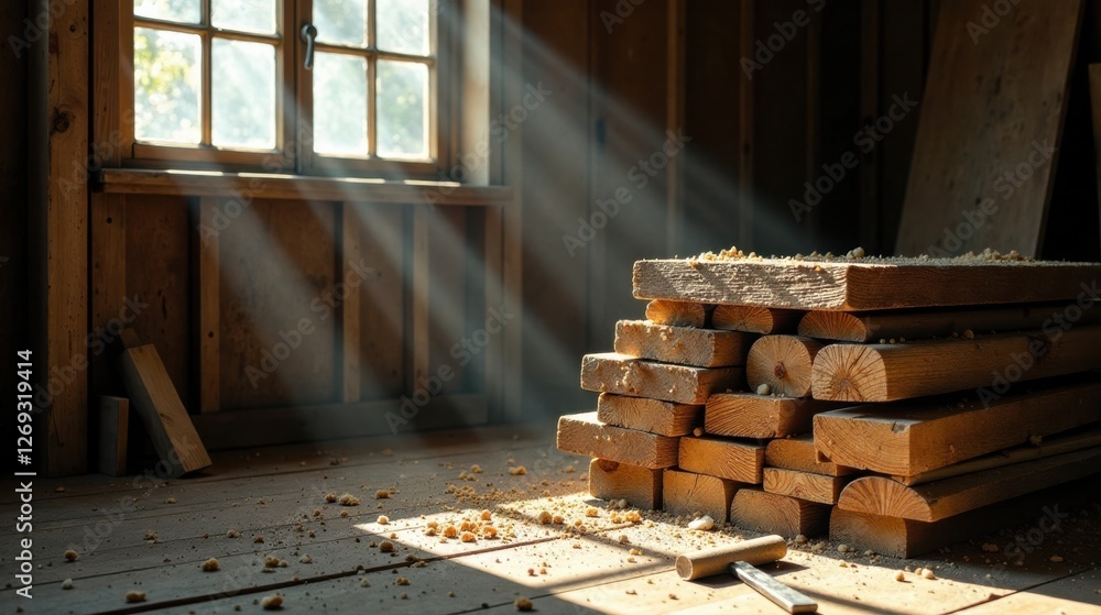 Poster sunlit workshop stacked lumber in a rustic wooden building, dust motes dancing in golden rays