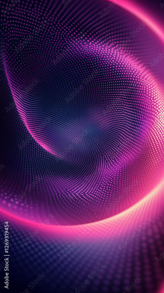 Poster a dynamic abstract design featuring swirling pink and purple light waves and dots, symbolizing motio