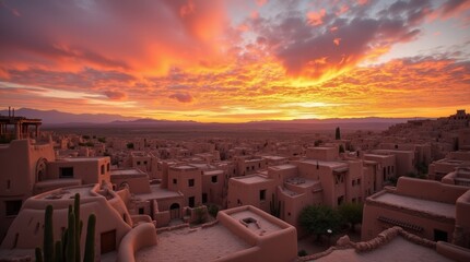 Fototapeta premium Adobe pueblos in New Mexico bathed in the warm hues of a stunning sunset, showcasing the unique architecture against a vibrant sky