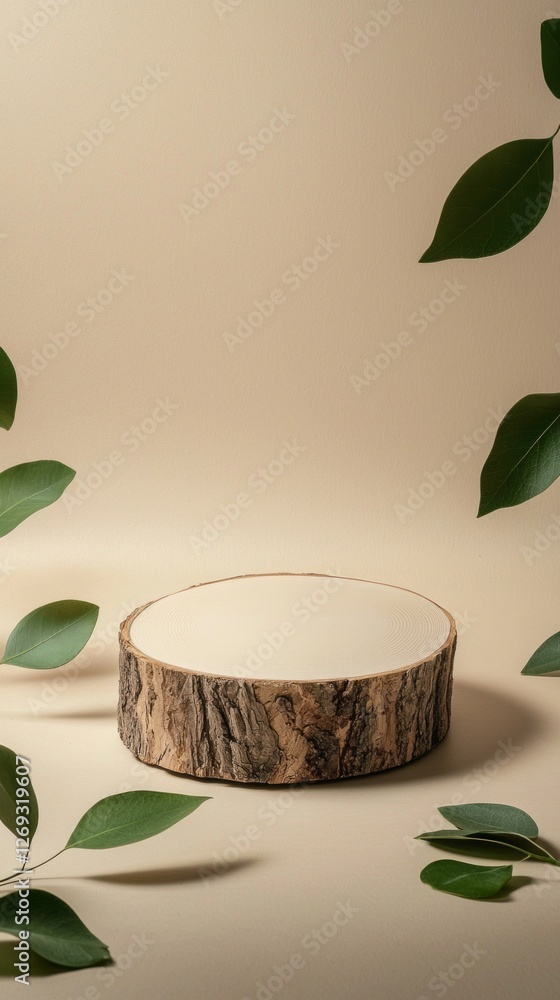 Poster a charming product display set on a neutral backdrop highlights a rustic wood slice resting centrall