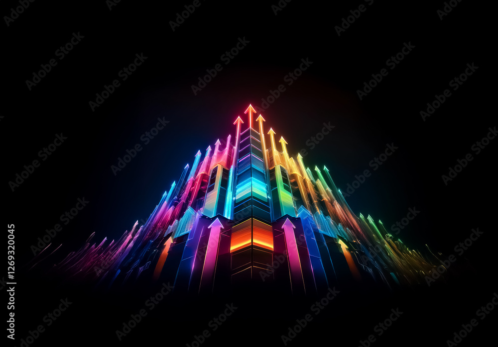 Poster vibrant, multicolored arrows ascend in unison against a stark black backdrop, creating a sense of fo