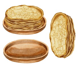 A stack of appetizing pancakes in wooden plate for the holiday of Maslenitsa, watercolor illustration set on white. For restaurant menus, recipe books, cooking, printing on kitchen utensils