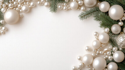 Background, Elegant arrangement of white ornaments and greenery on a textured background for a festive theme.
