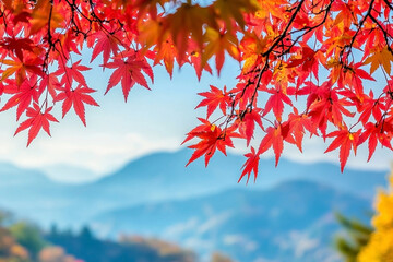 Vibrant red maple leaves adorn branches against a serene mountain backdrop