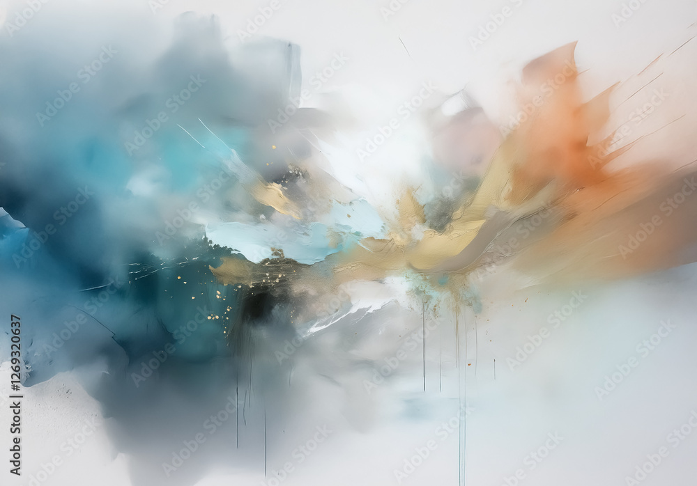 Poster abstract painting featuring a blend of blue, orange, and brown hues, creating a fluid and dynamic co