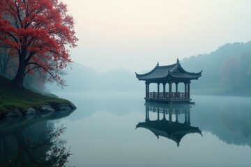 Foggy morning gazebo overlooking calm lake surface, gazebo, misty, peaceful