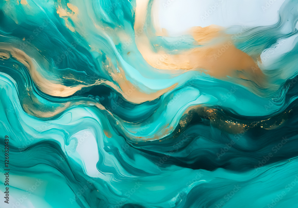 Poster abstract fluid art with teal, blue, and gold hues creates a mesmerizing marble effect. swirling and 