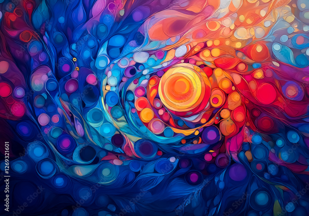 Poster vivid abstract swirl of colors, blending blue, orange, and red in a dynamic and organic pattern with