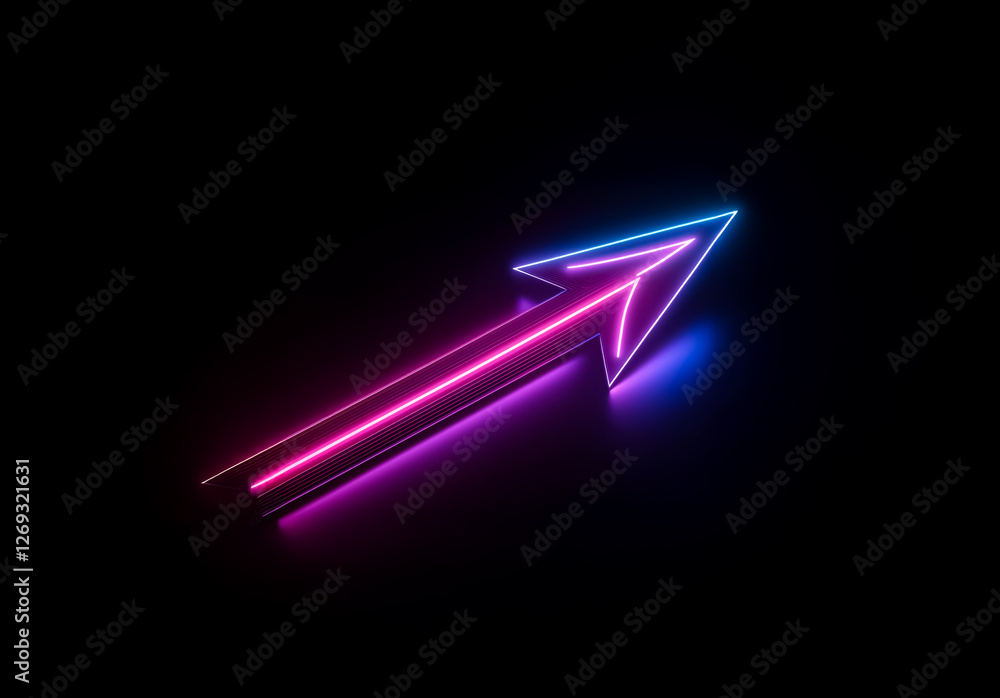 Poster neon arrow with pink and blue glow points diagonally up and right against a dark backdrop.