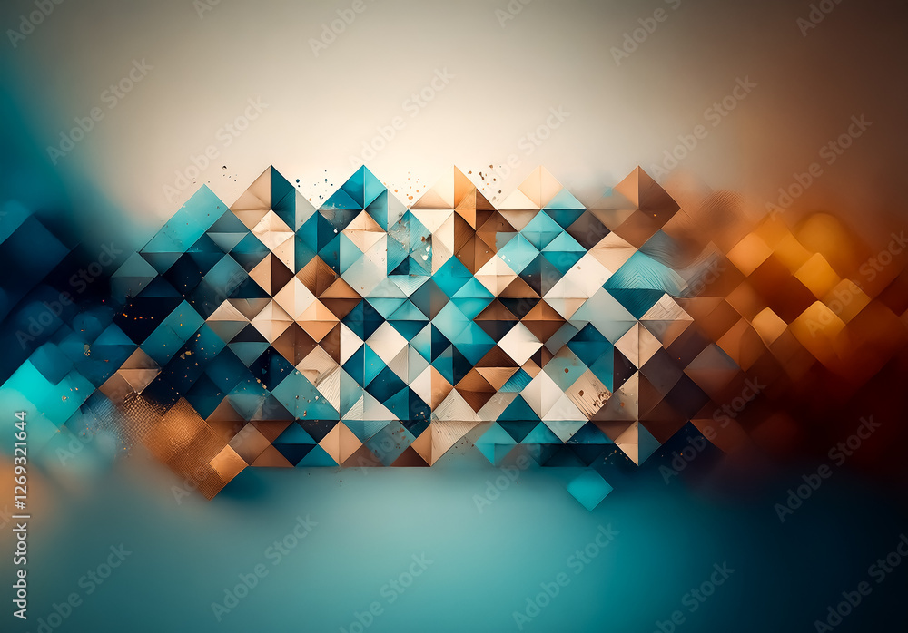 Fototapete abstract geometric composition featuring blue and brown triangles and squares, creating a dynamic an