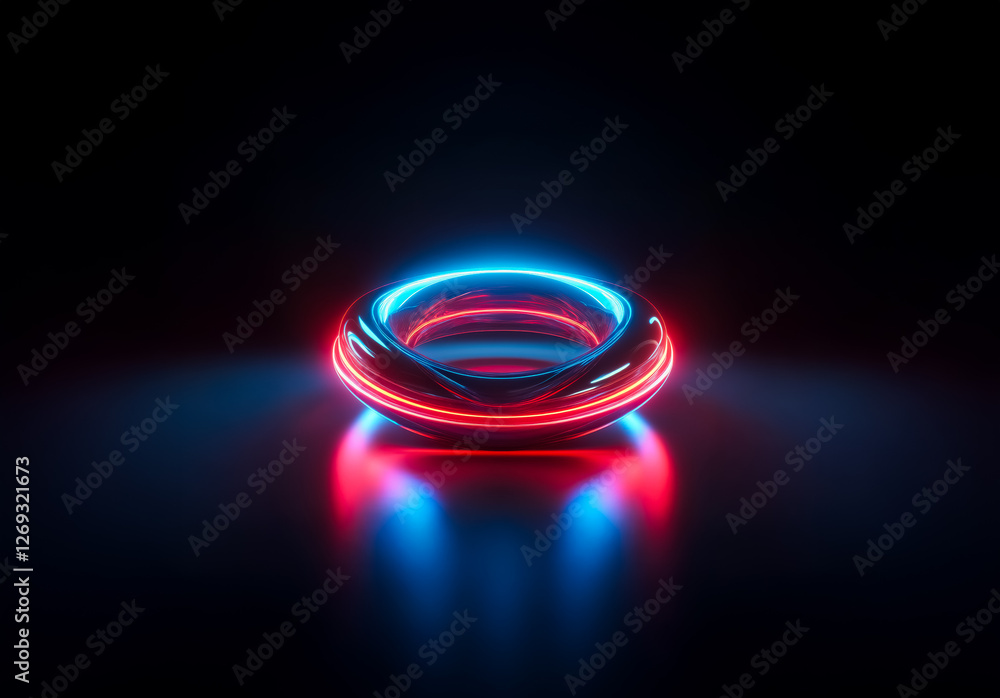 Poster Glowing ring with red and blue neon light on a dark reflective surface. The torus shape emits vibrant illumination, creating a futuristic and abstract scene.