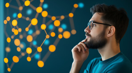 thoughtful man analyzing digital connections and data visualization