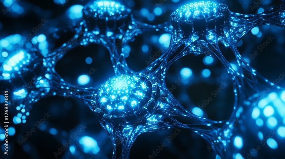 Poster abstract blue neural network glowing nodes futuristic technology digital art science background medi