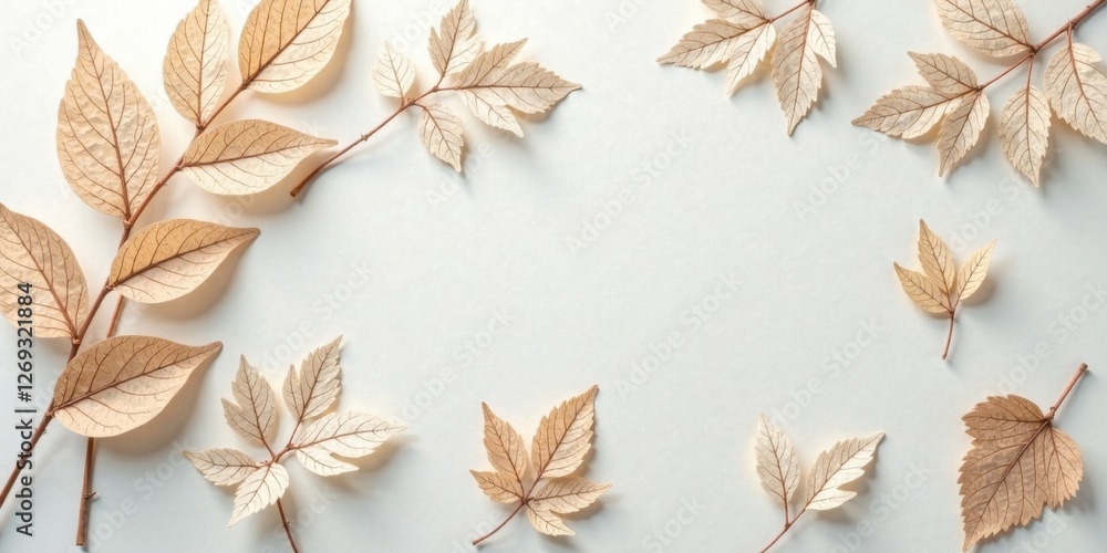 Poster Dried Beige Leaves Arranged on a Light Background, Creating a Simple and Elegant Frame for Text or Design Elements