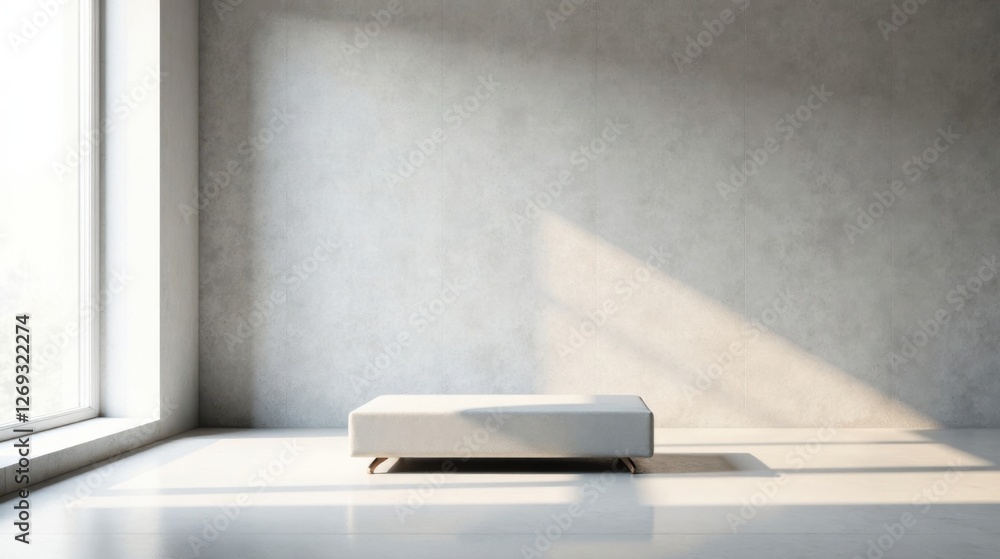 Aufkleber modern minimalist interior design featuring a low upholstered bench against a textured wall with nat