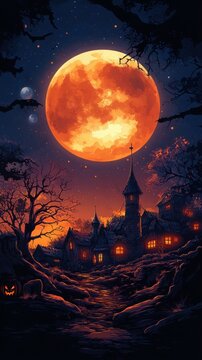 Eerie Village Under a Gigantic Halloween Moon, Spooky Night Time Scene, Generated AI