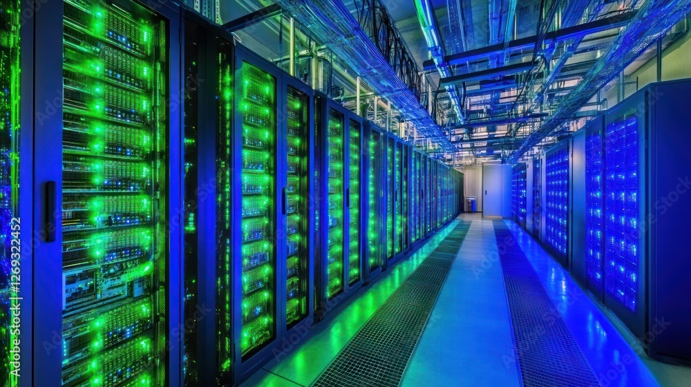 Poster illuminated server racks in modern data center