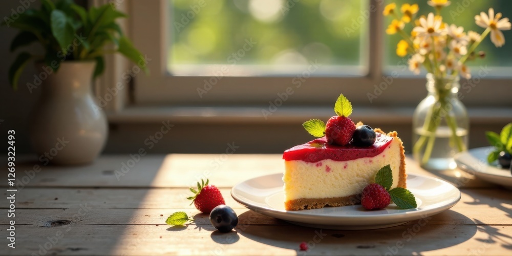 Poster a delectable slice of creamy cheesecake, adorned with a vibrant raspberry topping and fresh berries,