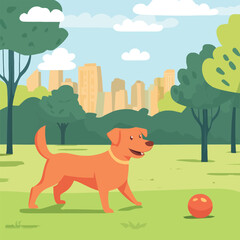 A cheerful 2D vector of a dog playing with a ball in a green park.
