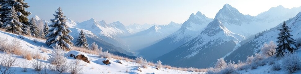 Rocky mountains with snow-covered trees and grasses, frosty, icy, mountainous terrain