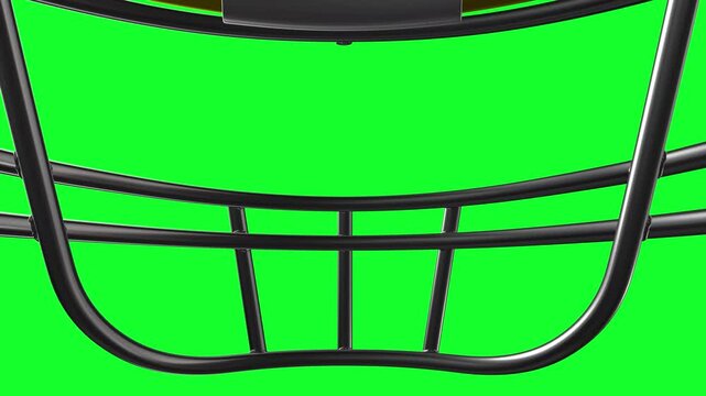 sports animation where a helmet, an American football, is put on the head in first person. Green screen background with alpha and different lights