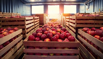 red apples harvested in wooden boxes in a warehouse natural organic fruit abundance healthy and natural food storing and shipping concept
