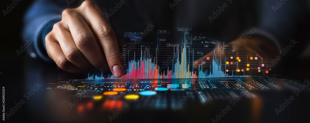 Poster finance analyst using digital tablet for business growth data analysis with virtual chart on screen