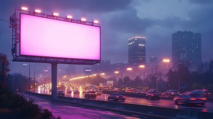 Blank Digital Billboard on Busy Highway with Cars Moving Fast at Dusk