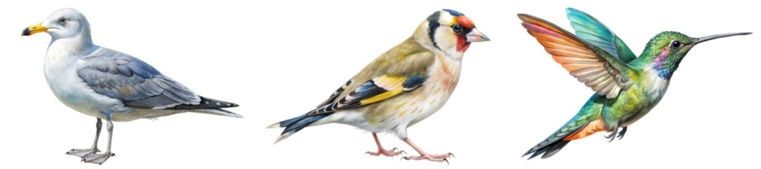 Realistic bird illustrations, colorful feather details, nature-themed artwork, perfect for educational materials, wildlife enthusiasts.