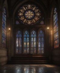Obraz premium Stained glass windows of ancient church reflecting city lights at night, old church, stained glass
