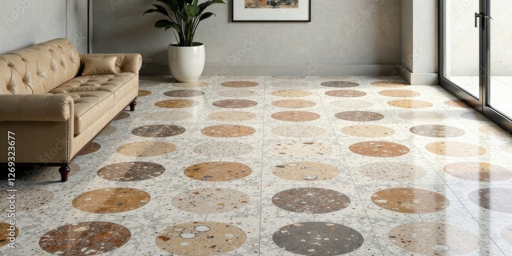 Poster modern interior design featuring a beige leather sofa and a terrazzo floor with a circular pattern