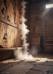Steam billowing out of a crack in the stone floor of a cold sauna, serenity, peacefulness