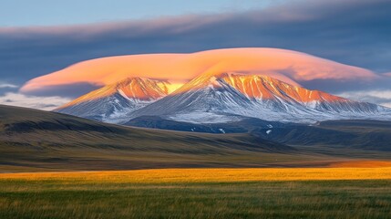 Obraz premium Sunset illuminates snow capped mountains and lenticular clouds