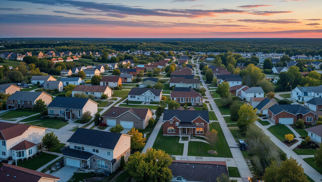 Suburban sprawl expanding across the landscape during sunset