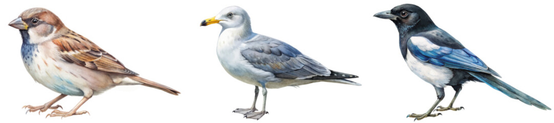 Obraz premium Realistic bird illustrations, detailed feathers, vibrant colors, wildlife art, educational purpose, nature lovers, ornithology studies.