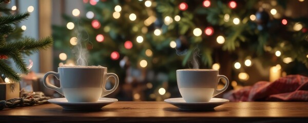 Fototapeta premium Steaming cup of coffee next to a Christmas tree with fairy lights, christmas tree, winter wonderland