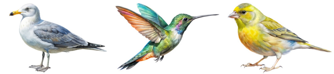 Realistic bird illustrations, colorful hummingbird, detailed seagull, vibrant canary, nature art, wildlife depiction.